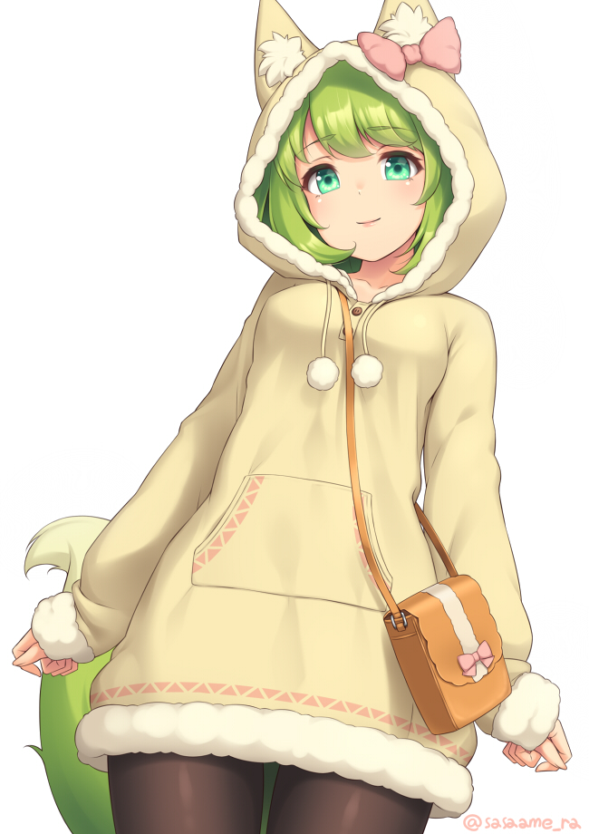 1girl animal_ears arms_at_sides bag black_legwear bow closed_mouth commentary_request cowboy_shot eyebrows_visible_through_hair fox_ears fox_girl fox_tail fur_trim green_eyes green_hair handbag head_tilt hood hood_up hoodie looking_at_viewer original pantyhose pink_bow pom_pom_(clothes) sasaame simple_background solo tail twitter_username white_background