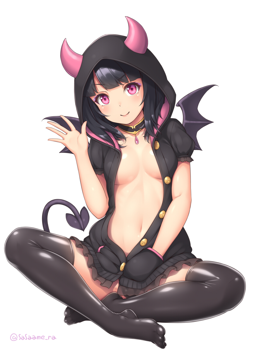 1girl bangs bikini_bottom black_bikini_bottom black_hair black_legwear blunt_bangs breasts choker demon_girl demon_tail demon_wings eyebrows_visible_through_hair hand_in_pocket hood hoodie horns looking_at_viewer navel no_bra no_shoes open_clothes original pink_hair sasaame simple_background small_breasts smile tail thigh-highs waving white_background wings