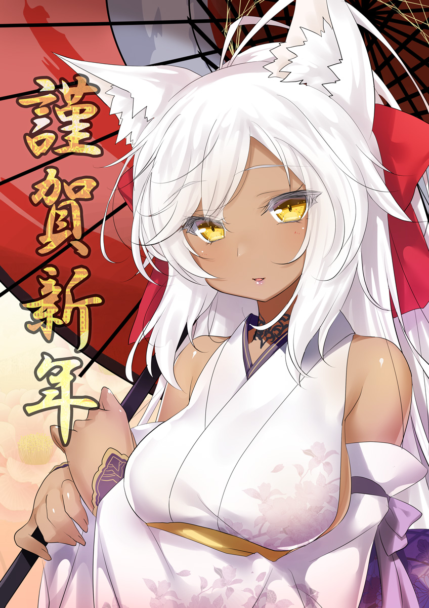 1girl 2018 47agdragon animal_ears antenna_hair bangs blush breasts commentary_request dark_skin eyebrows_visible_through_hair fox fox_ears highres holding holding_umbrella large_breasts long_hair long_sleeves looking_at_viewer obi oriental_umbrella original parted_lips sash solo tan umbrella upper_body white_hair wide_sleeves yellow_eyes