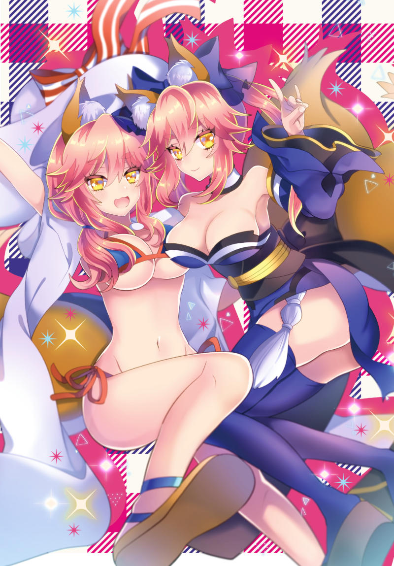 2girls animal_ears beach_umbrella bikini blue_bikini blue_legwear bow breasts cleavage detached_sleeves dual_persona ears_through_headwear fate/grand_order fate_(series) fox_ears fox_shadow_puppet fox_tail groin hair_bow hair_ribbon hat japanese_clothes large_breasts multiple_girls navel open_mouth pink_hair ribbon side-tie_bikini sun_hat swimsuit tail tamamo_(fate)_(all) tamamo_no_mae_(fate) tamamo_no_mae_(swimsuit_lancer)_(fate) umbrella yellow_eyes