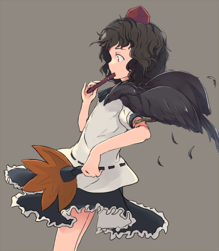 1girl animal animal_on_arm ascot bangs bird bird_on_arm black_feathers black_hair black_neckwear black_skirt brown_background commentary_request crown flan_(harry_mackenzie) frilled_skirt frills from_side hat hauchiwa holding messy_hair profile puffy_short_sleeves puffy_sleeves red_eyes red_hat shameimaru_aya shirt short_sleeves simple_background skirt solo tokin_hat touhou white_shirt