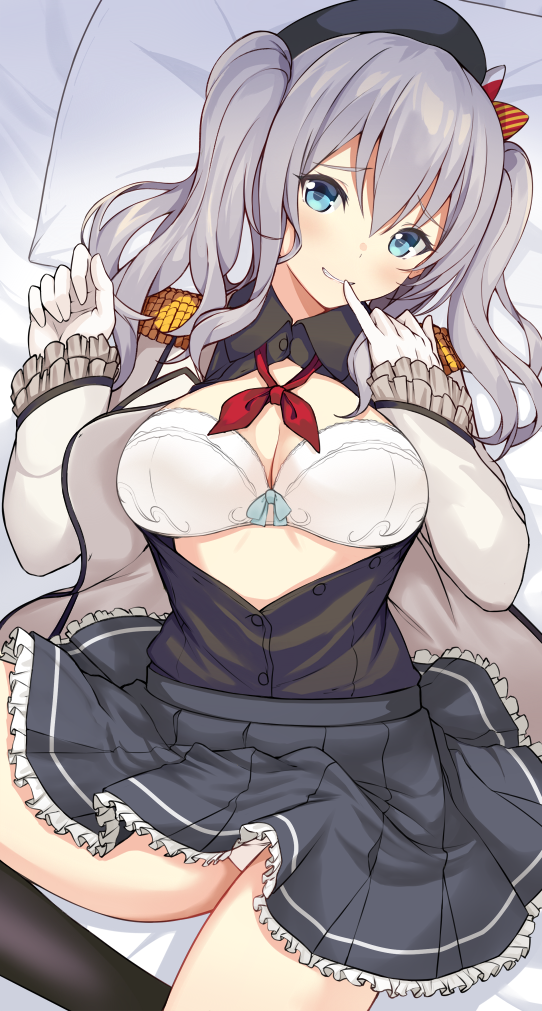 1girl bangs bed_sheet beret black_hat black_legwear black_shirt blue_eyes blush bra breasts cleavage collared_shirt dress_shirt frilled_skirt frilled_sleeves frills from_above grey_jacket grin hair_between_eyes hat head_tilt jacket kantai_collection kashima_(kantai_collection) kneehighs long_sleeves lying medium_breasts military_jacket on_back open_clothes open_jacket open_shirt panties pantyshot pantyshot_(lying) parted_lips partially_unbuttoned pillow pinky_out pinky_to_mouth raised_eyebrows shirt silver_hair skirt smile solo sukebewe teeth twintails underwear white_bra white_panties wing_collar