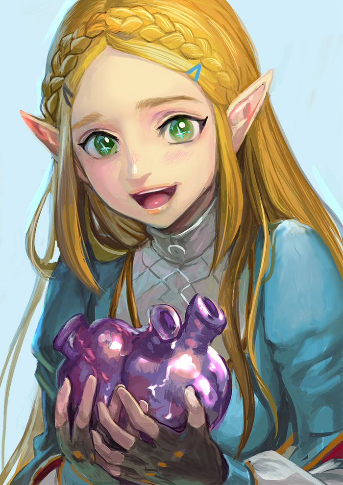 1girl blush green_eyes heart long_hair open_mouth pointy_ears princess_zelda simple_background smile solo the_legend_of_zelda the_legend_of_zelda:_breath_of_the_wild yurinko