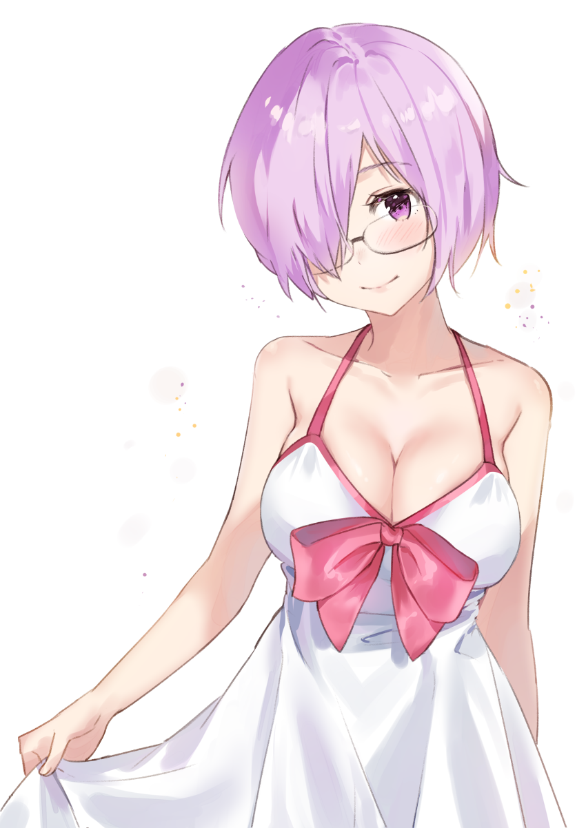 1girl bare_shoulders blush breasts cherim cleavage closed_mouth dress fate/grand_order fate_(series) glasses hair_over_one_eye highres large_breasts looking_at_viewer mash_kyrielight purple_hair short_hair simple_background smile solo violet_eyes white_background white_dress
