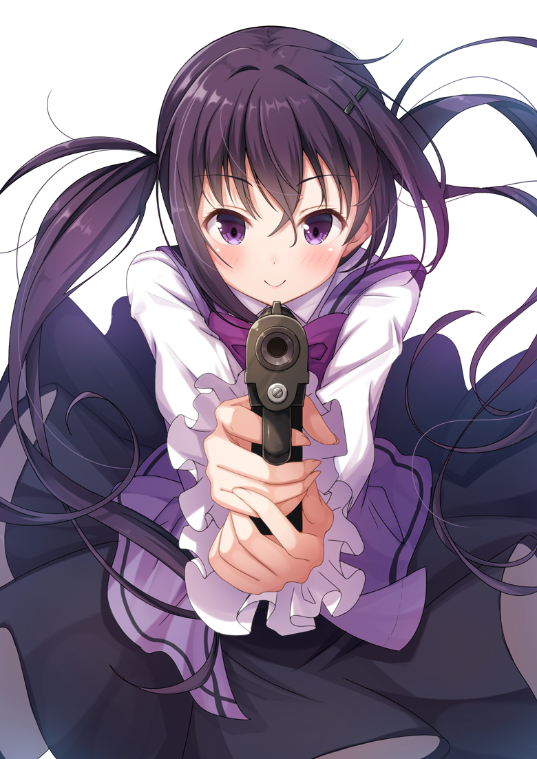 1girl aiming_at_viewer bangs black_skirt blush bow bowtie closed_mouth eyebrows_visible_through_hair foreshortening frilled_sleeves frills gochuumon_wa_usagi_desu_ka? gun hair_ornament hairclip handgun holding holding_gun holding_weapon long_hair long_skirt long_sleeves looking_at_viewer matokechi pistol purple_bow purple_hair purple_neckwear purple_vest rabbit_house_uniform shirt simple_background skirt smile solo tareme tedeza_rize twintails vest violet_eyes weapon white_background white_shirt