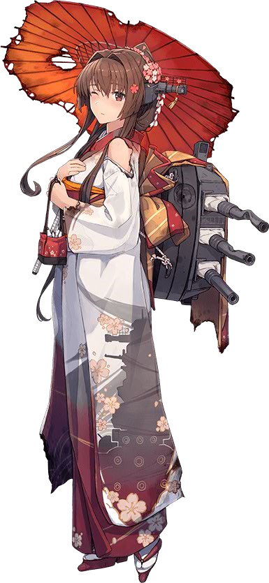 1girl alternate_costume blush brown_eyes brown_hair holding_bag japanese_clothes kantai_collection kimono long_hair looking_at_viewer official_art oriental_umbrella parted_lips range_finder shizuma_yoshinori sidelocks smile solo standing tied_hair torn_clothes transparent_background turret type_91_armor-piercing_shell umbrella white_kimono wide_sleeves yamato_(kantai_collection)
