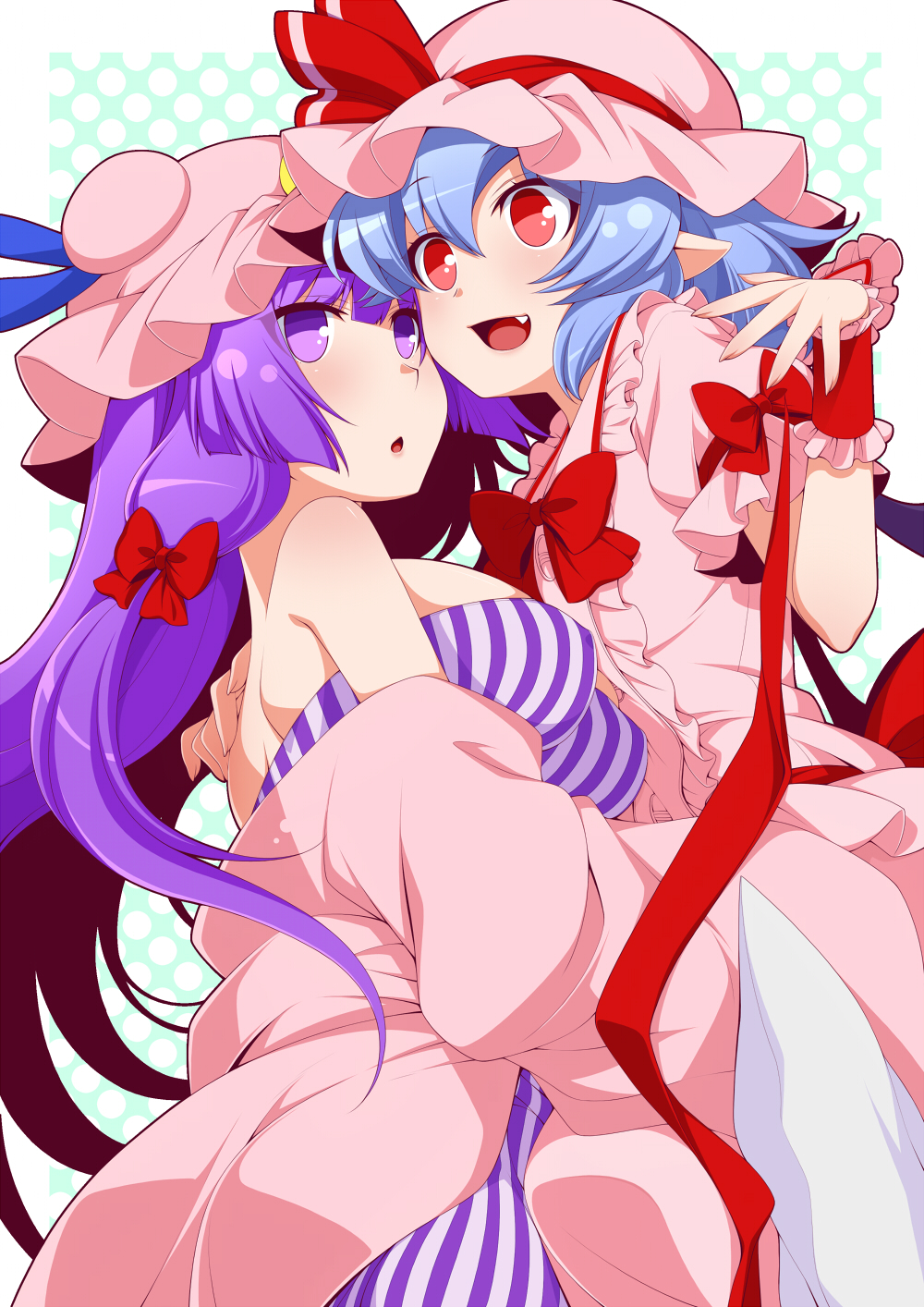 2girls blue_hair bow breasts commentary_request eichi_yuu fang frills hair_bow hand_on_another's_shoulder hat hat_bow hat_ribbon highres long_hair mob_cap multiple_girls open_mouth patchouli_knowledge pink_hat purple_hair red_bow red_eyes red_ribbon remilia_scarlet ribbon sideboob smile striped touhou violet_eyes