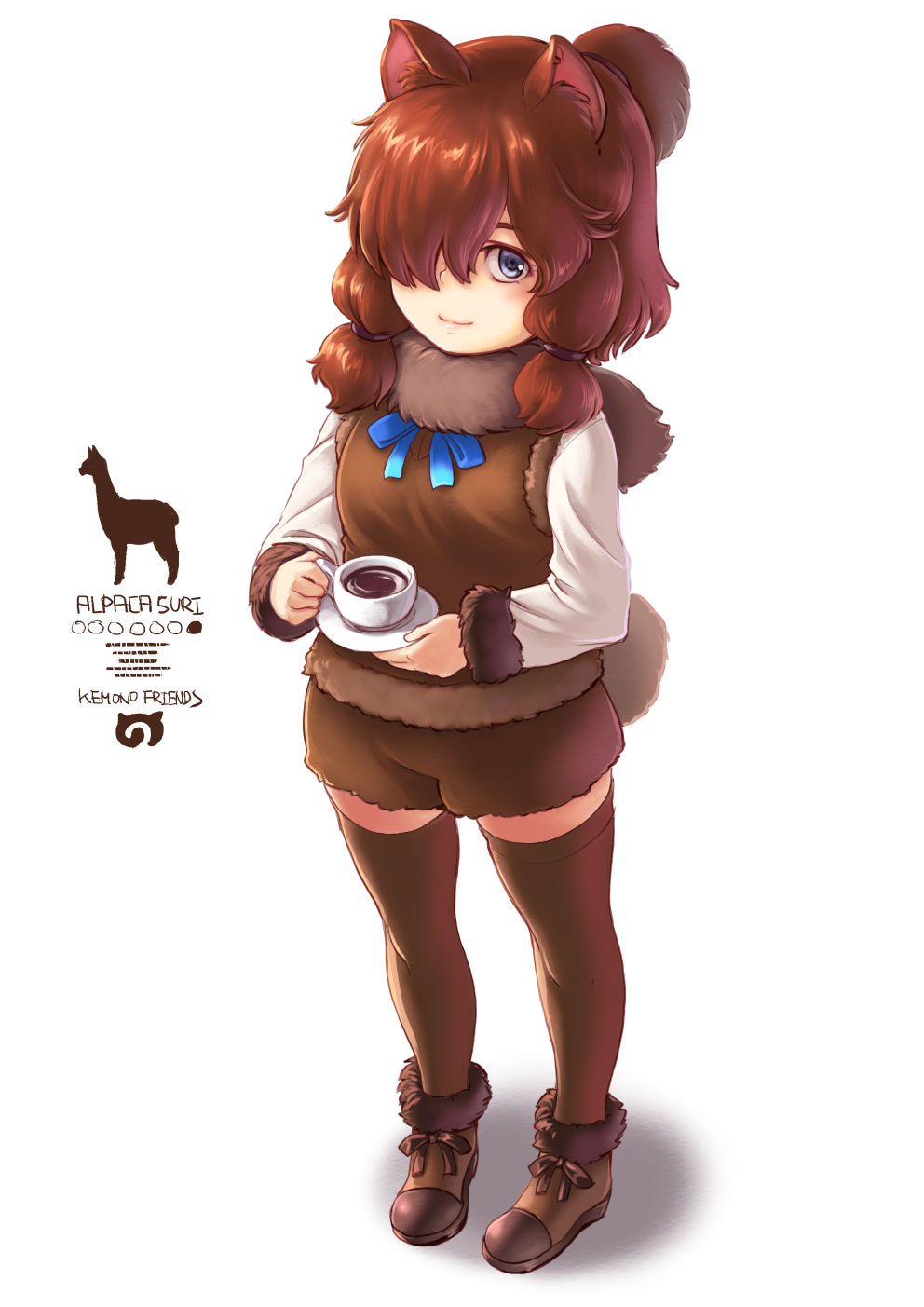 1girl alpaca_ears alpaca_suri_(kemono_friends) alternate_color blush boots breasts brown_footwear brown_hair brown_legwear character_name closed_mouth coffee coffee_cup cup eyebrows full_body grey_eyes highres holding holding_cup holding_plate kemono_friends kosai_takayuki long_sleeves looking_at_viewer medium_breasts plate short_hair smile solo thigh-highs