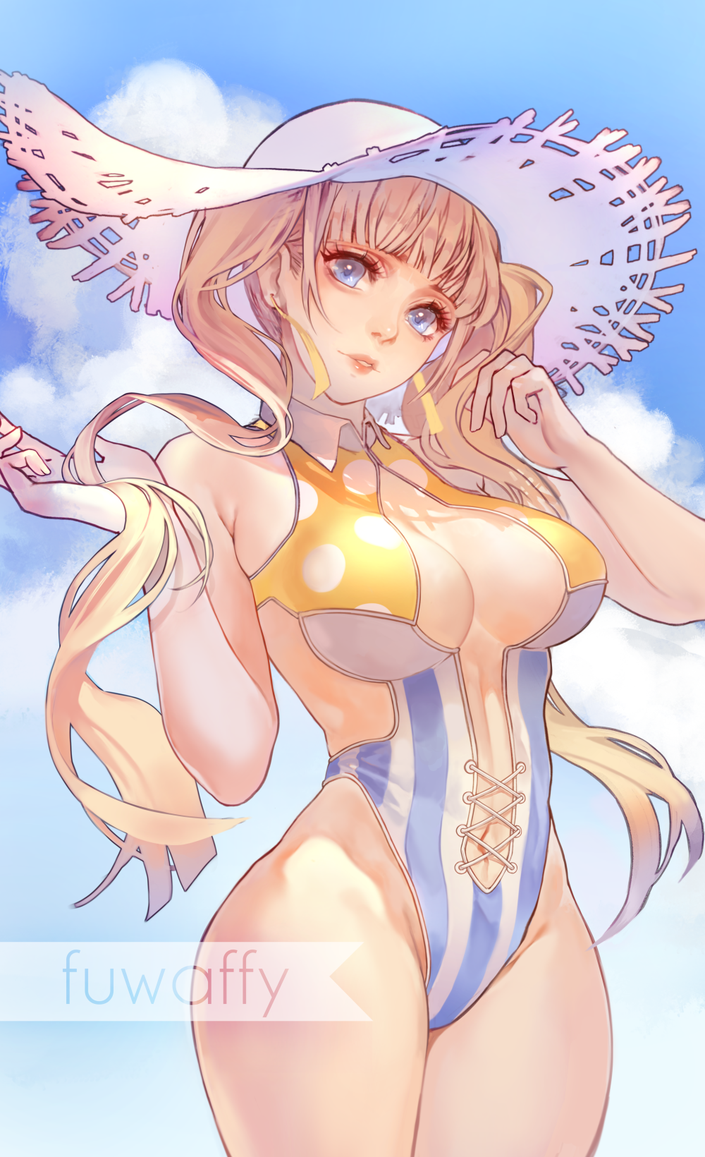1girl arms_up artist_name blade_&amp;_soul blonde_hair blue_sky breasts breasts_apart clouds commentary day eyelashes fuwaffy hat highres lips long_hair looking_at_viewer medium_breasts one-piece_swimsuit original sky solo standing straw_hat sun_hat sunlight swimsuit white_hat wing_collar