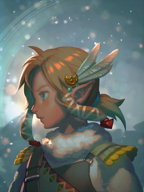 1boy bellhenge blonde_hair blue_eyes coat link long_hair male_focus nintendo pointy_ears princess_zelda snow solo the_legend_of_zelda the_legend_of_zelda:_breath_of_the_wild winter winter_clothes