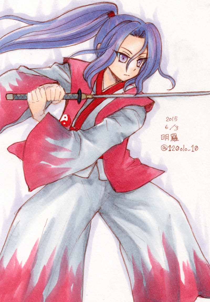 1girl 2015 :| aura bangs character_name closed_mouth dated eyebrows facing_away fighting_stance hair_between_eyes hair_intakes haori high_ponytail holding holding_sword holding_weapon io_(maryann_blue) japanese_clothes katana legs_apart long_hair looking_away meira open_clothes open_vest pants purple_hair red_vest sidelocks simple_background solo standing sword touhou touhou_(pc-98) traditional_media tsurime twitter_username vest violet_eyes watercolor_(medium) weapon white_background white_pants wide_sleeves yin_yang