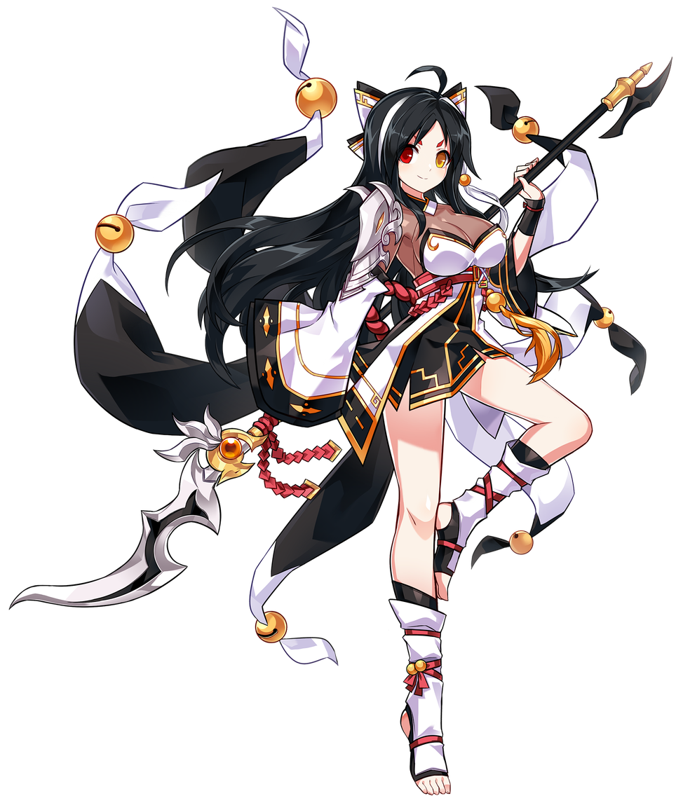 1girl ahoge ara_han asura_(elsword) black_hair black_skirt bow breasts cleavage closed_mouth detached_sleeves elsword full_body hair_bow heterochromia holding holding_spear holding_weapon large_breasts long_hair looking_at_viewer multicolored_hair official_art polearm red_eyes sando_(artist) single_pauldron skirt smile solo spear standing standing_on_one_leg streaked_hair tassel toeless_legwear two-tone_hair weapon white_bow white_hair yellow_eyes