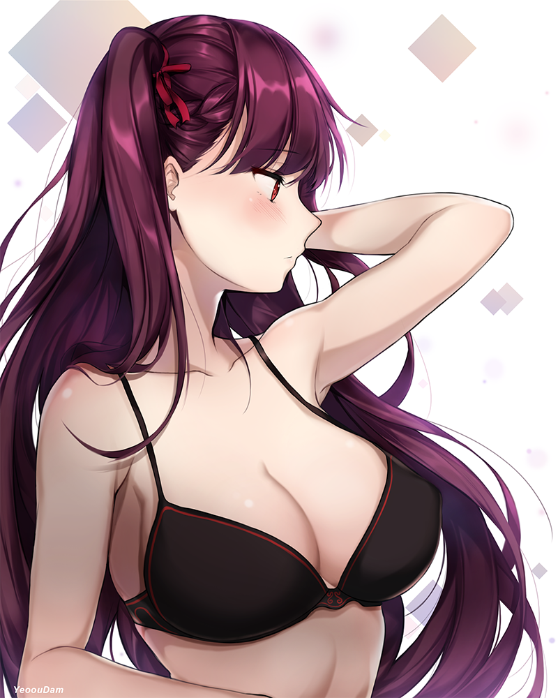 1girl arm_at_side arm_up armpits artist_name bangs bare_arms black_bra blush bra breasts chocolate_hair cleavage closed_mouth clothes_removed collarbone eyebrows_visible_through_hair eyes_visible_through_hair girls_frontline hair_ribbon half_updo hand_in_hair large_breasts long_hair looking_away one_side_up purple_hair red_eyes ribbon side_ponytail simple_background solo stomach tsurime underwear underwear_only upper_body very_long_hair wa2000_(girls_frontline) yeoohdam