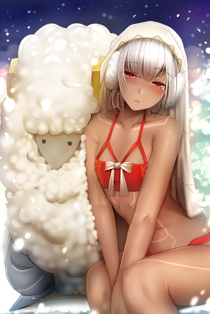 1girl altera_(fate) altera_the_santa bare_shoulders blush bow bra breasts commentary_request dark_skin earmuffs fate/grand_order fate_(series) ginhaha half-closed_eyes looking_at_viewer red_bra red_eyes sheep short_hair silver_hair small_breasts solo triangle_mouth underwear veil white_hair