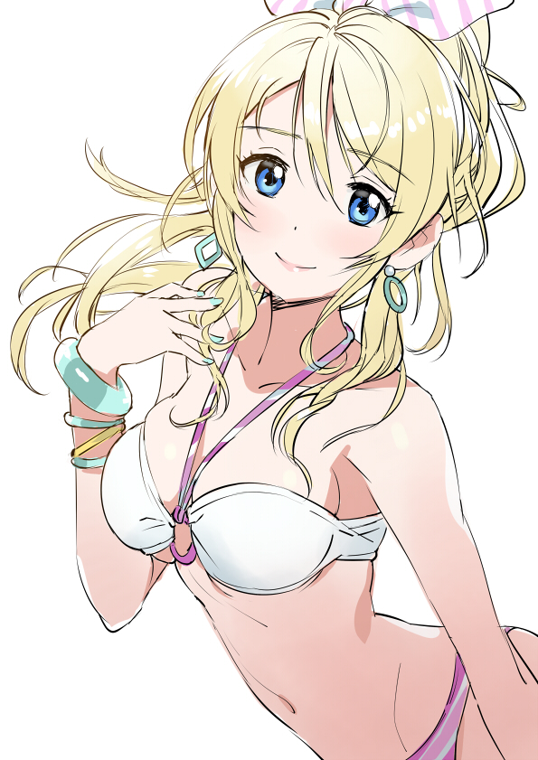 1girl alternate_costume aqua_nails ayase_eli bare_shoulders bikini blonde_hair blue_eyes breasts collarbone commentary_request earrings eyebrows_visible_through_hair jewelry long_hair looking_at_viewer love_live! love_live!_school_idol_project matsuda_(matsukichi) medium_breasts nail_polish navel o-ring o-ring_bikini o-ring_top ponytail scrunchie simple_background smile solo swimsuit white_background white_bikini