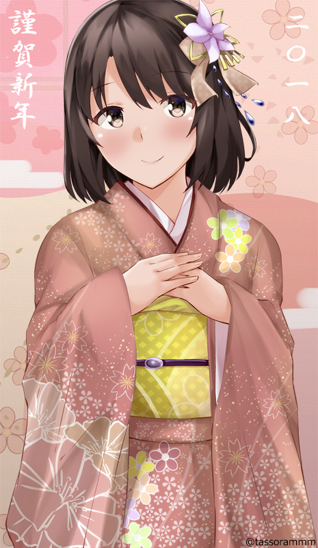 1girl bangs black_hair blush brown_eyes closed_mouth commentary_request eyebrows_visible_through_hair fingernails floral_print hair_between_eyes hair_ornament japanese_clothes katou_megumi kimono long_sleeves looking_at_viewer obi own_hands_together pink_kimono print_kimono saenai_heroine_no_sodatekata sash smile solo tasora translated twitter_username upper_body wide_sleeves