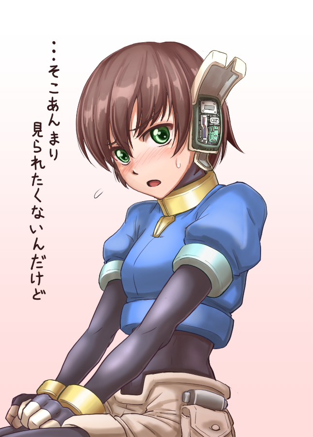 1girl aile blush bodystocking bodysuit breasts brown_hair flying_sweatdrops gloves green_eyes rockman rockman_zx short_hair shorts solo spandex sweat sweatdrop