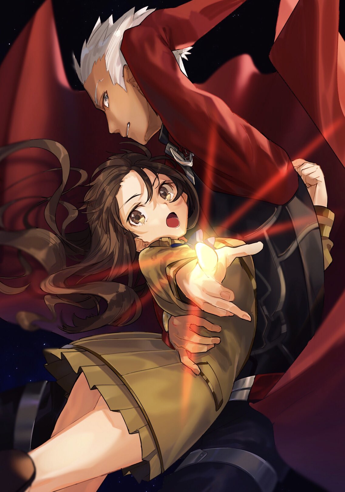 1boy 1girl archer brown_dress brown_eyes brown_hair cape dress fate/extra fate/extra_ccc fate_(series) grey_eyes highres hino_hinako holding_person kishinami_hakuno_(female) long_hair looking_at_viewer open_mouth pointing pointing_at_viewer red_cape school_uniform skirt white_hair