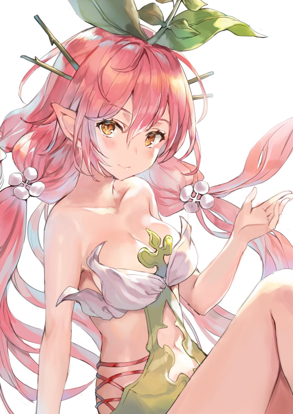 1girl bare_shoulders collarbone flower granblue_fantasy hair_ornament highres leaf long_hair looking_at_viewer low_twintails momoko_(momopoco) navel pink_hair plant_girl pointy_ears solo twintails yellow_eyes yggdrasill_(granblue_fantasy)