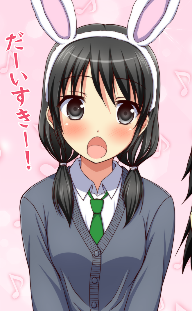 1girl :o animal_ears bangs black_eyes black_hair blush cardigan collared_shirt commentary_request eyebrows_visible_through_hair fake_animal_ears green_neckwear grey_cardigan hair_between_eyes hair_tie head_tilt ki_(kk-sk-ray) kuroki_tomoko long_hair looking_at_viewer low_twintails musical_note necktie open_mouth pink_background quaver rabbit_ears school_uniform shirt solo_focus tamura_yuri translated twintails watashi_ga_motenai_no_wa_dou_kangaetemo_omaera_ga_warui! white_shirt