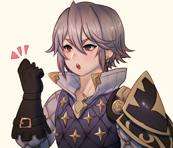 1boy artist_name beige_background brown_eyes earrings fire_emblem fire_emblem_if gloves grey_hair jewelry lazward_(fire_emblem_if) male_focus onisuu open_mouth simple_background solo teeth upper_body