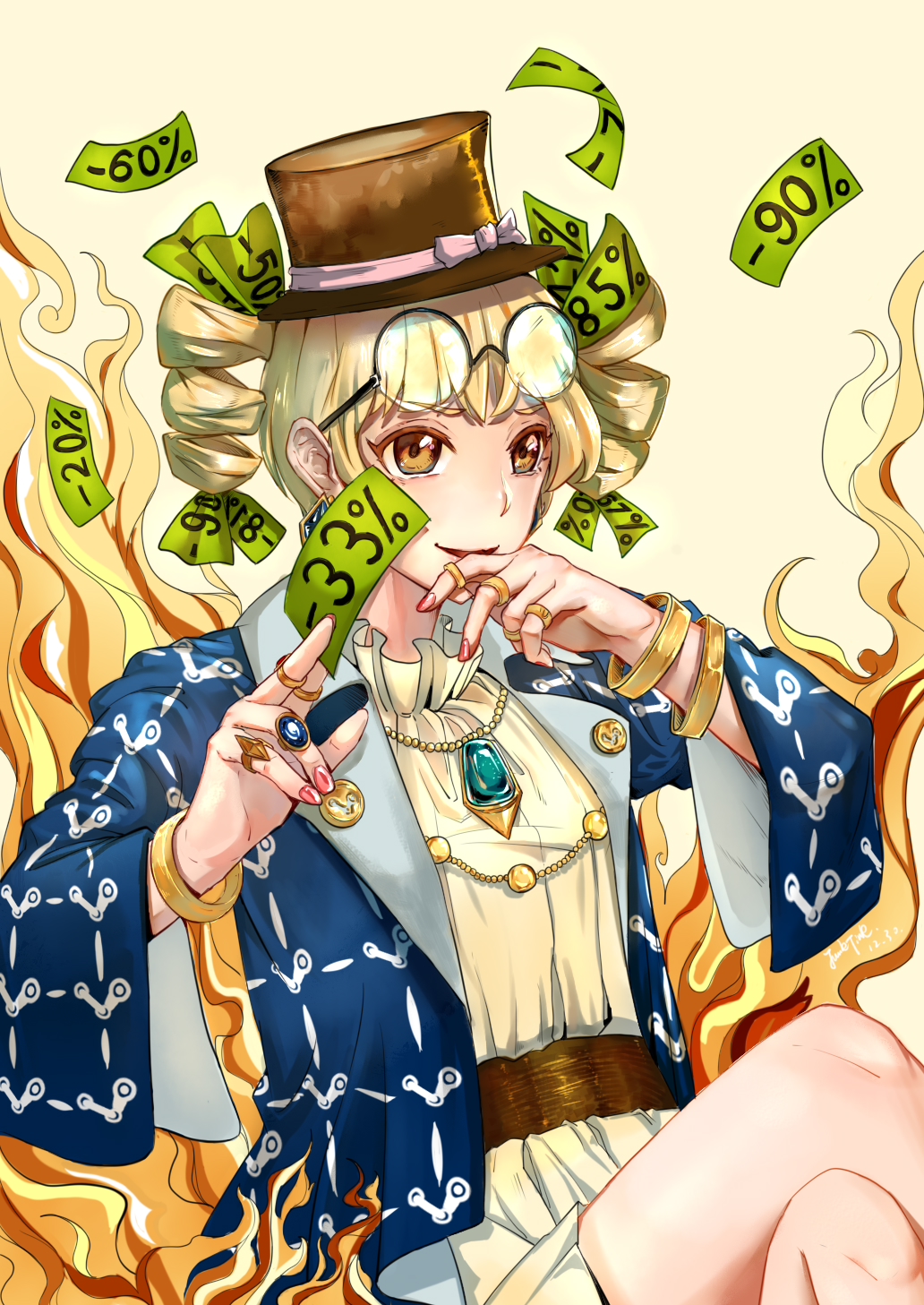 1girl antinomy_of_common_flowers blonde_hair commentary_request earrings eyewear_on_head fire gem highres holding jewelry junktinr legs_crossed necklace open_clothes open_mouth open_shirt over-rim_eyewear ring semi-rimless_eyewear shirt smile solo steam_(platform) touhou yellow_eyes yorigami_jo'on