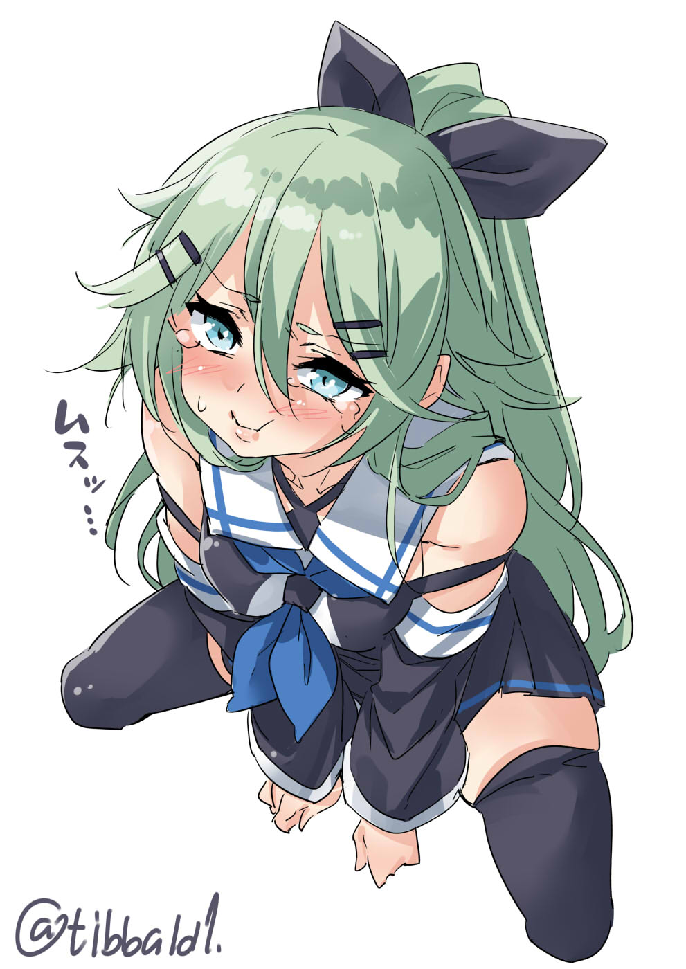 1girl bangs black_bow black_legwear black_skirt blue_eyes blush bow closed_mouth commentary_request cowboy_shot cropped_legs detached_sleeves ebifurya eyebrows_visible_through_hair green_hair hair_between_eyes hair_bow hair_ornament hairclip highres kantai_collection long_hair long_sleeves neckerchief school_uniform serafuku simple_background skirt solo speech_bubble sweat tears thigh-highs tongue tongue_out translation_request twitter_username white_background yamakaze_(kantai_collection) zettai_ryouiki