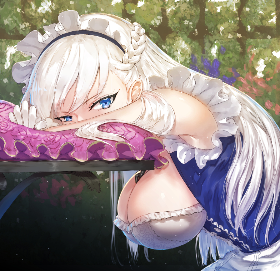 1girl apron azur_lane belfast_(azur_lane) blue_eyes braid breasts cleavage french_braid frilled_apron frills large_breasts looking_at_viewer maid maid_headdress pillow pyz_(cath_x_tech) silver_hair solo