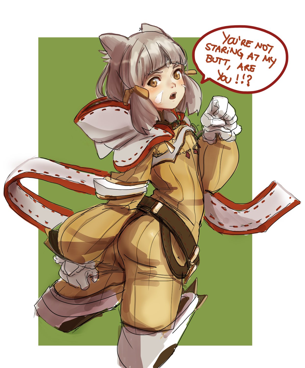 !? 1girl animal_ears ass bangs blunt_bangs bodysuit cat_ears covering covering_ass english eyebrows gloves highres hood long_sleeves looking_back niyah short_hair silver_hair simple_background smile solo speech_bubble text white_gloves xenoblade xenoblade_2 yamadacorner yellow_bodysuit yellow_eyes
