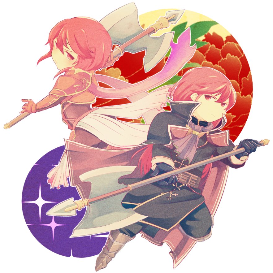 1boy 1girl armor axe brother_and_sister cape chibi fire_emblem fire_emblem:_mystery_of_the_emblem gloves long_hair minerva_(fire_emblem) misheil_(fire_emblem) nishimura_(nianiamu) red_eyes redhead short_hair siblings weapon