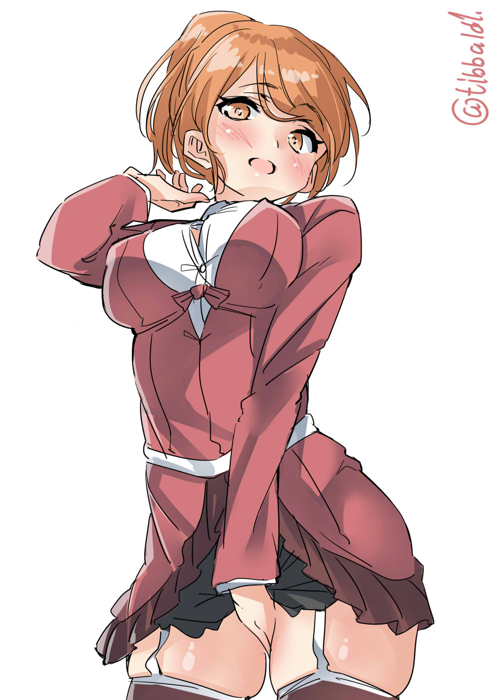 1girl aquila_(kantai_collection) bangs between_legs blush breasts covering covering_crotch cowboy_shot ebifurya eyebrows_visible_through_hair garter_straps hand_between_legs highres kantai_collection long_sleeves looking_at_viewer medium_breasts open_mouth orange_eyes orange_hair short_ponytail simple_background skindentation solo thigh-highs twitter_username white_background zettai_ryouiki