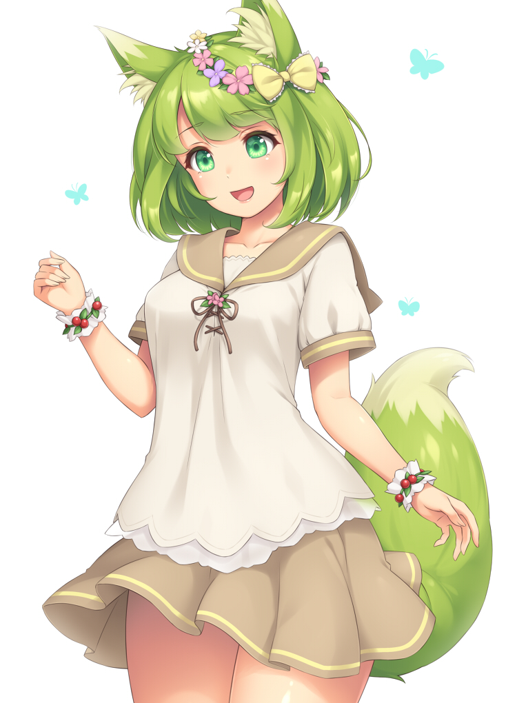 1girl :d animal_ears bangs blunt_bangs blush bow breasts butterfly commentary_request cowboy_shot eyebrows_visible_through_hair fox_ears fox_girl fox_tail grass green_eyes green_hair hair_bow head_wreath looking_at_viewer neck_ribbon open_mouth original pleated_skirt ribbon sasaame school_uniform serafuku short_sleeves simple_background skirt smile solo standing tail white_background wristband