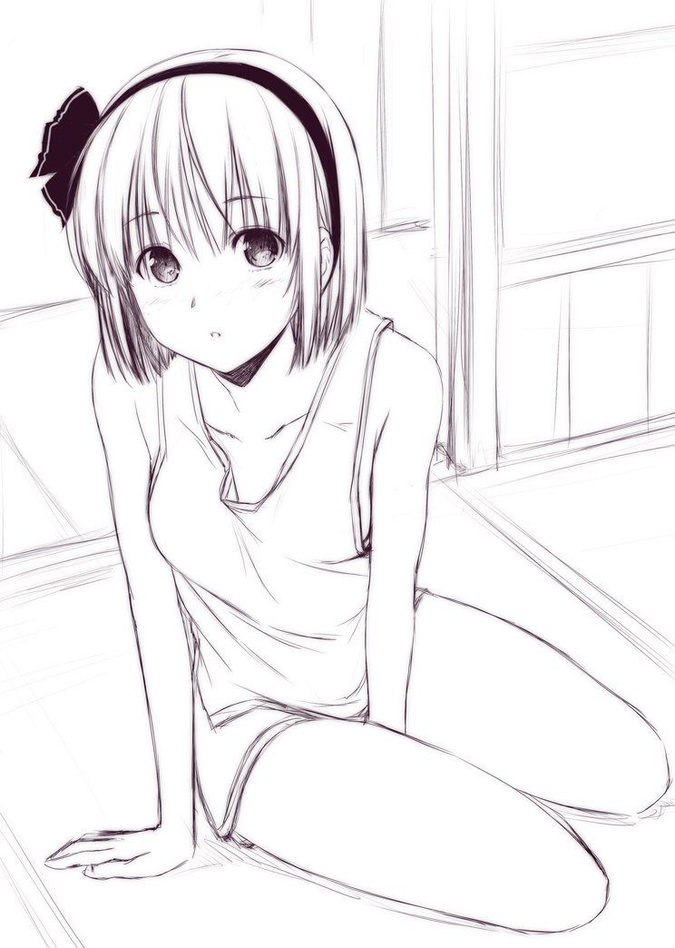 1girl bare_arms bare_shoulders breasts collarbone commentary_request greyscale hair_ribbon hairband konpaku_youmu looking_at_viewer monochrome nori_tamago parted_lips ribbon short_hair sitting sketch small_breasts solo tank_top touhou work_in_progress