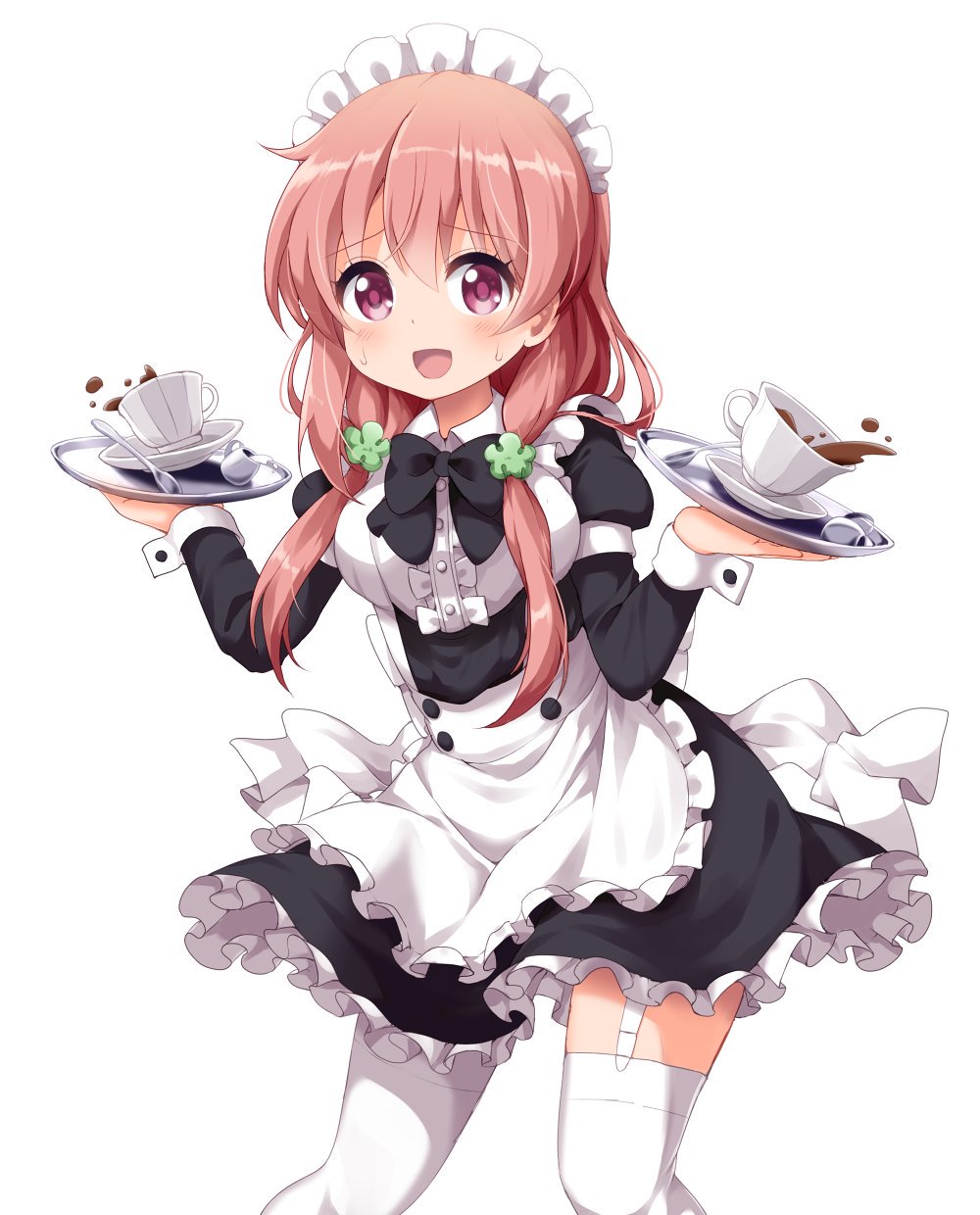 1girl :d apron bangs black_dress blush coffee coffee_cup dress eyebrows_visible_through_hair frilled_apron frilled_dress frills garter_straps hair_between_eyes hair_ornament highres hinako_note holding holding_tray juliet_sleeves light_brown_hair long_hair long_sleeves looking_at_viewer maid maid_headdress milk open_mouth puffy_sleeves ruu_(tksymkw) sakuragi_hinako saucer simple_background smile solo spoon sweat thigh-highs tray violet_eyes waist_apron white_apron white_background white_legwear