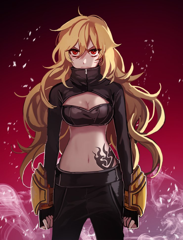 1girl blonde_hair breasts cleavage ecru ember_celica_(rwby) looking_at_viewer navel red_background red_eyes rwby solo stomach_tattoo yang_xiao_long