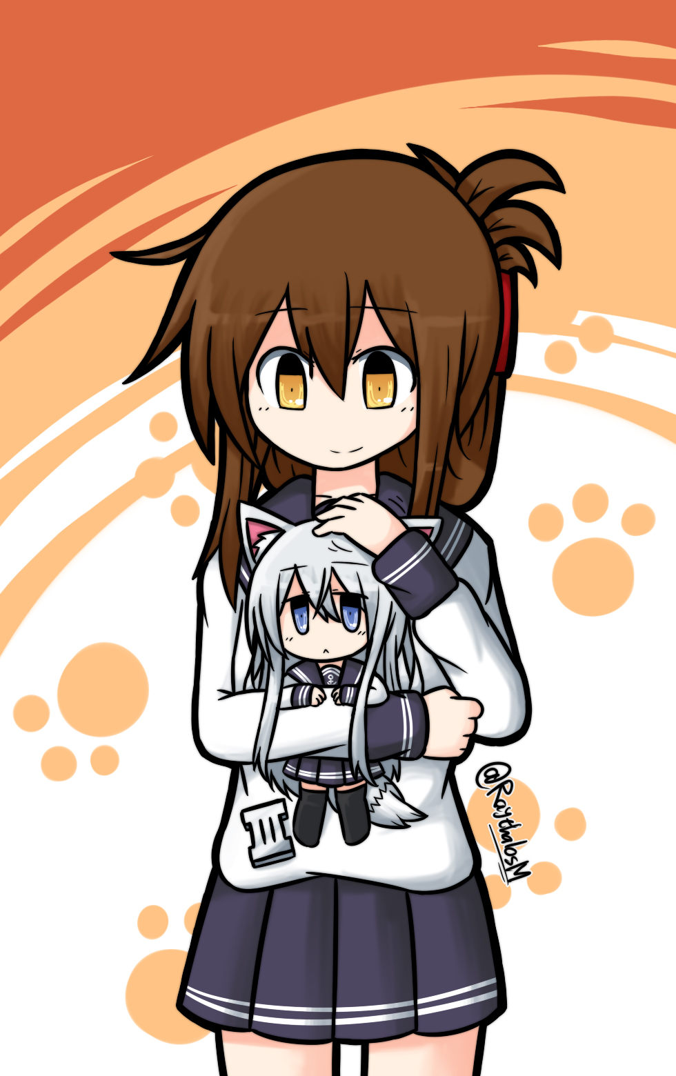 2girls anchor_symbol animal_ears artist_name bangs bare_legs black_skirt blue_eyes brown_hair chibi closed_mouth commentary_request eyebrows eyebrows_visible_through_hair folded_ponytail hair_between_eyes hibiki_(kantai_collection) highres holding inazuma_(kantai_collection) kantai_collection kemonomimi_mode long_hair long_sleeves minigirl multiple_girls paw_print petting pleated_skirt raythalosm school_uniform serafuku shirt sidelocks silver_hair skirt sleeves smile tail twitter_username very_long_hair white_shirt yellow_eyes