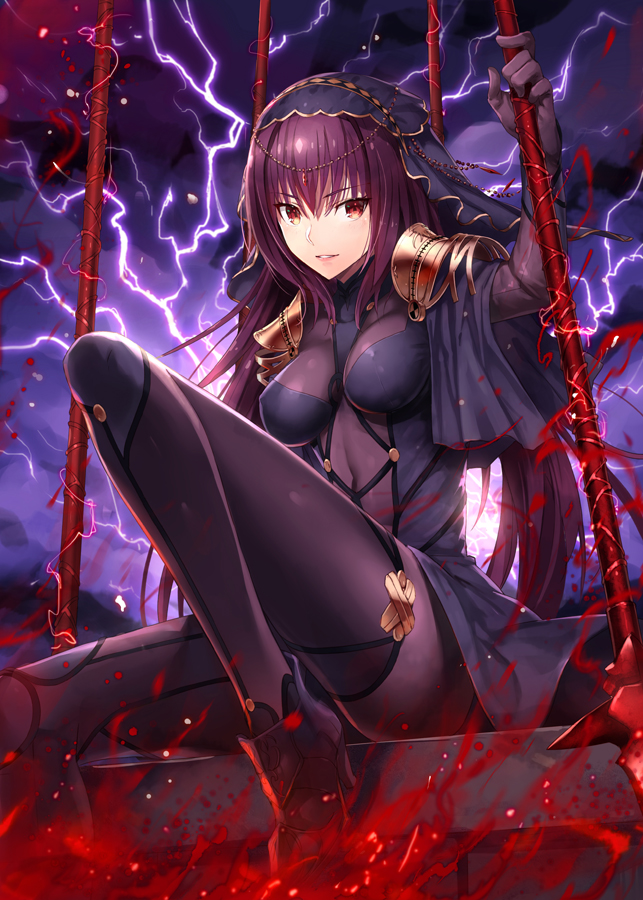 1girl armor bodysuit breasts fate/grand_order fate_(series) gabiran gae_bolg holding holding_weapon long_hair medium_breasts parted_lips pauldrons polearm purple_bodysuit purple_hair red_eyes scathach_(fate/grand_order) shoulder_armor solo spear weapon