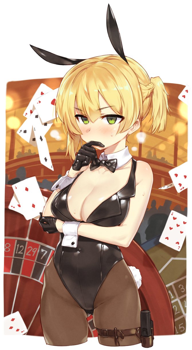 1girl animal_ears bare_shoulders black_bow black_gloves black_leotard black_neckwear blonde_hair blush bow bowtie braid breasts brown_legwear buckle bunny_tail bunnysuit card casino cleavage club_(shape) collarbone cropped_legs detached_collar diamond_(shape) french_braid girls_frontline gloves gluteal_fold green_eyes hand_on_own_face highres holster kylin large_breasts leotard looking_away one_side_up pantyhose playing_card rabbit_ears roulette solo spade_(shape) standing sweat tail thigh_holster thigh_strap thinking welrod_mk2_(girls_frontline)