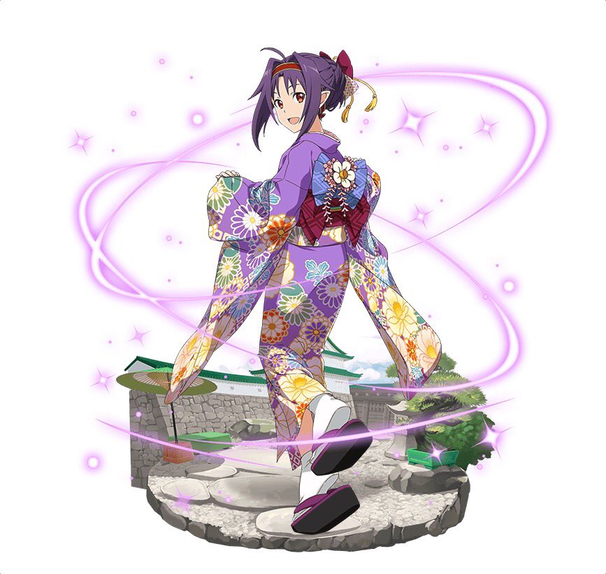 1girl :d ahoge faux_figurine floral_print full_body hairband japanese_clothes jpeg_artifacts kimono looking_at_viewer looking_back obi one_leg_raised open_mouth pointy_ears purple_hair purple_kimono red_eyes red_hairband sash short_hair_with_long_locks sidelocks simple_background smile socks solo standing standing_on_one_leg sword_art_online white_background white_legwear yukata yuuki_(sao)