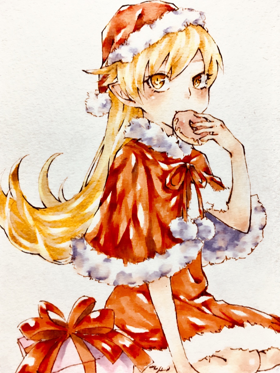 1girl blonde_hair box christmas doughnut food gift gift_box long_hair monogatari_(series) oshino_shinobu santa_costume sitting solo yellow_eyes