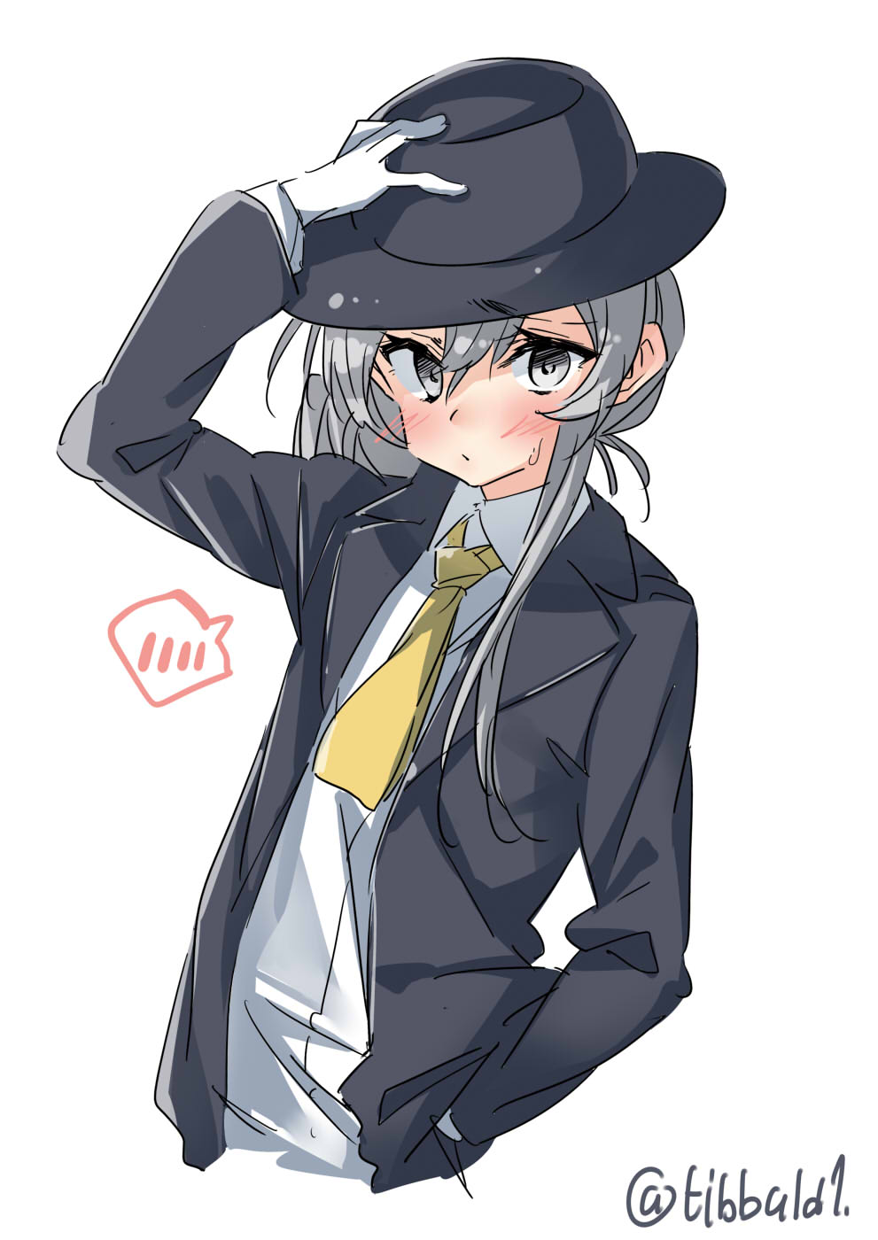 1girl alternate_costume arm_up black_hat blush closed_mouth collared_shirt ebifurya fedora gloves grey_hair hair_between_eyes hand_in_pocket hand_on_headwear hat highres kantai_collection long_sleeves looking_at_viewer neckerchief nowaki_(kantai_collection) shirt sidelocks simple_background solo spoken_blush sweat twitter_username upper_body white_background white_gloves white_shirt