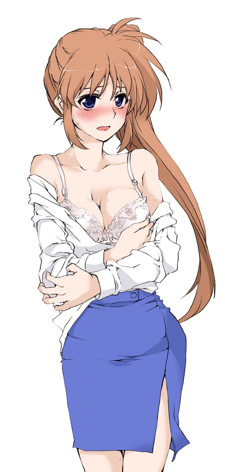 1girl bare_shoulders blush bra breasts brown_hair cleavage dress_shirt elf_(stroll_in_the_woods) highres lace lace_bra looking_at_viewer lyrical_nanoha mahou_shoujo_lyrical_nanoha_strikers medium_breasts nose_blush partially_undressed shirt side_ponytail skirt solo sweat takamachi_nanoha underwear violet_eyes white_background white_bra