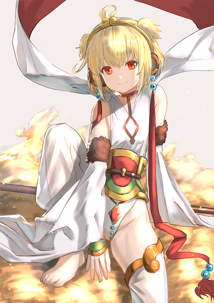 1girl anchira_(granblue_fantasy) animal_ears barefoot blonde_hair closed_mouth commentary_request detached_pants detached_sleeves dress earrings eyebrows_visible_through_hair fur_trim granblue_fantasy jewelry knee_up leotard looking_at_viewer monkey_ears red_eyes revision sash short_hair sitting smile solo toenails wasabi60 white_dress white_leotard
