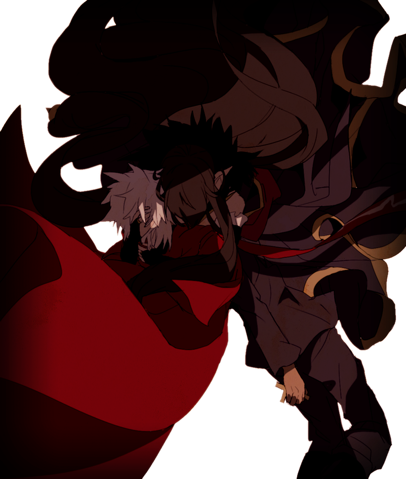 1boy 1girl amakusa_shirou_(fate) black_cape black_hair black_pants bridal_gauntlets cape commentary_request covered_face cross fate/apocrypha fate_(series) hiiragi_fuyuki hug long_hair pants pointy_ears red_cape revision semiramis_(fate) simple_background white_background white_hair