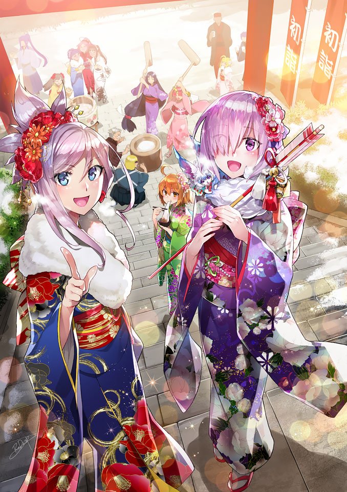 arrow fate/grand_order fate_(series) food fou_(fate/grand_order) frankenstein's_monster_(fate) fujimaru_ritsuka_(female) fur_trim furisode hair_over_one_eye hamaya hammer japanese_clothes kimono lavender_hair mash_kyrielight minamoto_no_raikou_(fate/grand_order) miyamoto_musashi_(fate/grand_order) mochi new_year open_mouth outdoors redrop stairs violet_eyes wagashi