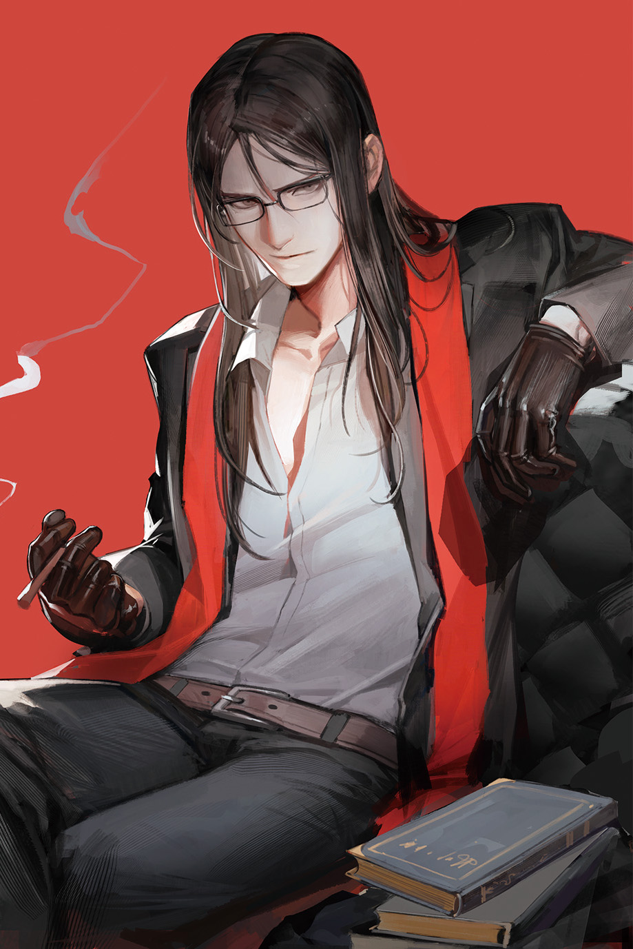 1boy belt black_gloves black_hair book book_stack cigarette coat collared_shirt commentary denim fate/grand_order fate_(series) gloves grey_eyes grey_pants hair_between_eyes highres holding holding_cigarette jeans liduke long_hair long_sleeves looking_at_viewer lord_el-melloi_ii male_focus pants parted_lips red_background red_scarf scarf shirt simple_background sitting smoke smoking solo unbuttoned unbuttoned_shirt waver_velvet white_shirt wing_collar