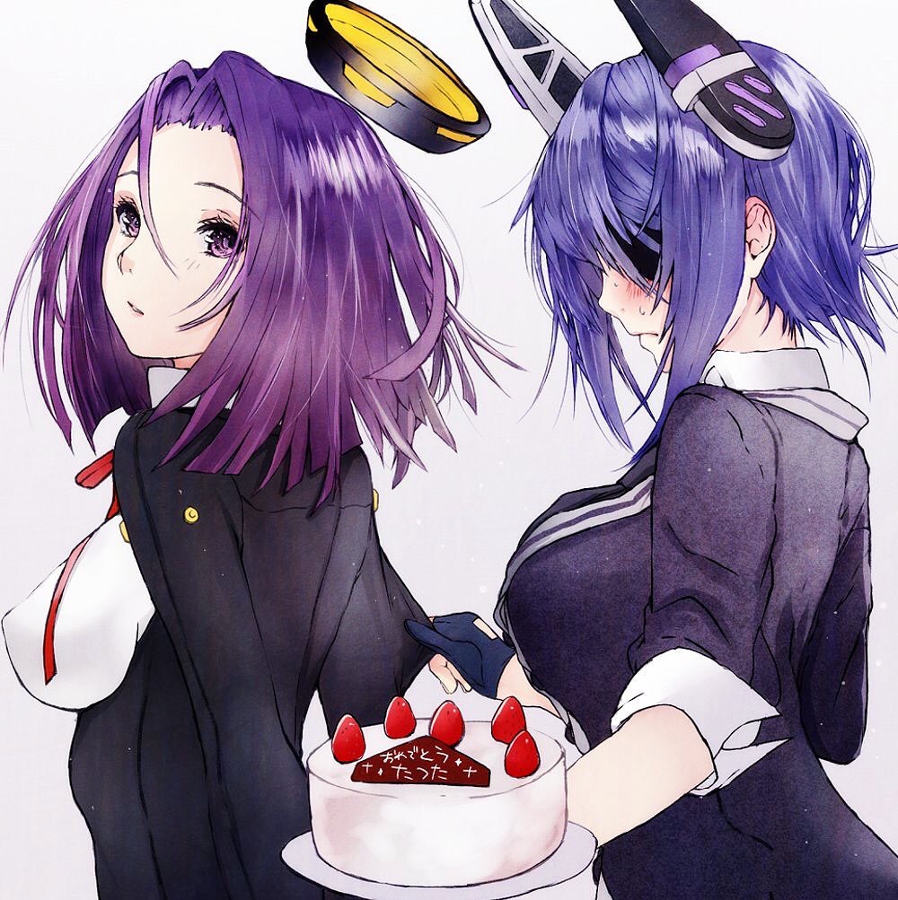 2girls breasts commentary_request eyepatch gloves headgear kantai_collection large_breasts long_sleeves magai_akashi mechanical_halo multiple_girls purple_hair school_uniform short_hair short_sleeves tatsuta_(kantai_collection) tenryuu_(kantai_collection) upper_body violet_eyes