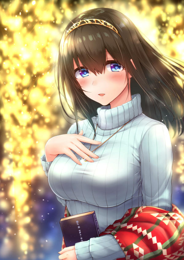 1girl backlighting bangs blue_eyes blue_sweater blurry blush book breasts brown_hair depth_of_field glint hair_between_eyes hairband hand_on_own_chest holding holding_book idolmaster idolmaster_cinderella_girls jewelry kyuunosuke_(lactis09) large_breasts long_hair long_sleeves looking_at_viewer necklace parted_lips pendant sagisawa_fumika shawl sleeves_past_wrists smile solo striped sweater tareme turtleneck turtleneck_sweater upper_body vertical_stripes