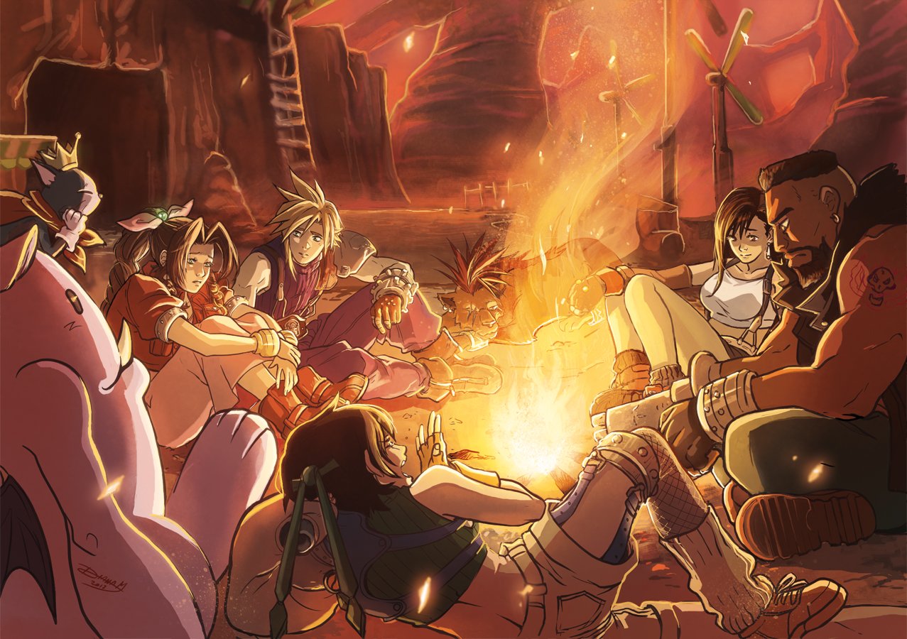 3boys 3girls aerith_gainsborough artist_request barret_wallace cait_sith campfire cave cloud_strife final_fantasy final_fantasy_vii multiple_boys multiple_girls red_xiii tifa_lockhart yuffie_kisaragi