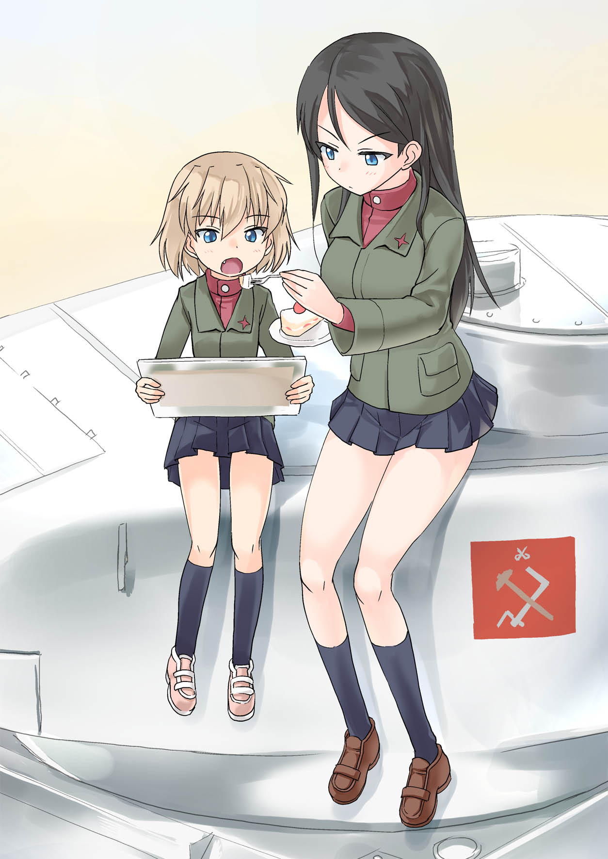 2girls bangs black_hair black_legwear black_skirt blue_eyes blush breasts brown_footwear brown_hair cake closed_mouth eyebrows_visible_through_hair fang feeding flat_chest food fork girls_und_panzer green_jacket ground_vehicle hair_between_eyes hammer_and_sickle highres holding holding_fork holding_plate jacket katyusha kneehighs light_brown_hair loafers long_hair long_sleeves looking_away medium_breasts military military_vehicle motor_vehicle multiple_girls nonna open_mouth pink_footwear plate pleated_skirt pocket pravda_school_uniform red_shirt school_uniform shirt shoes short_hair sitting skirt slice_of_cake t-34 tank turtleneck v-shaped_eyebrows very_long_hair yone_kinji